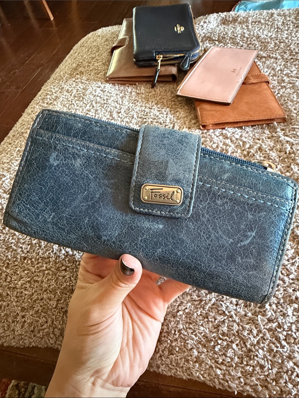 Fossil Marlow Distressed Denim Blue Leather Flap Clutch Wallet Boho